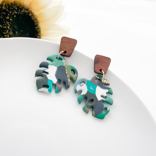 Edgy Boho Chic Shades of Green Monstera Statement Earrings | Unique Handmade Earrings for Bold, Fashion-Forward Women