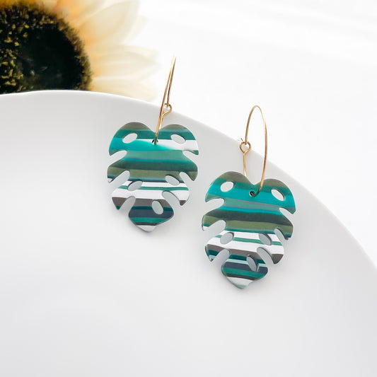 Edgy Striped Monstera Handmade Statement Earrings – Lightweight Polymer Clay Hoops for Bold, Fashion-Forward Women