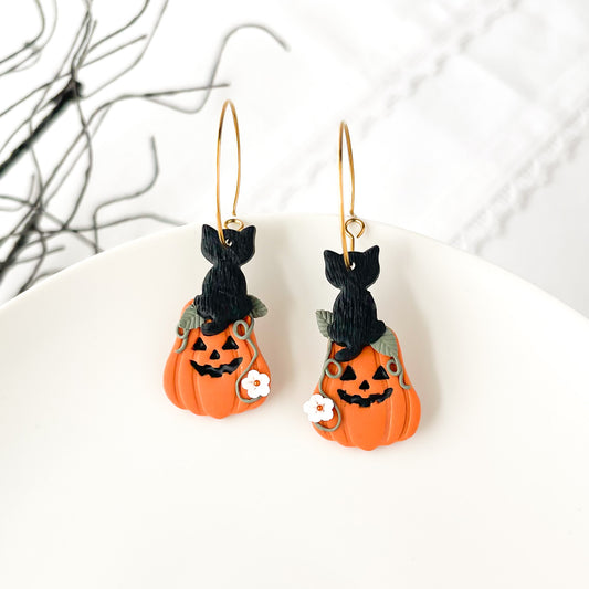 Cat On Pumpkin Earrings